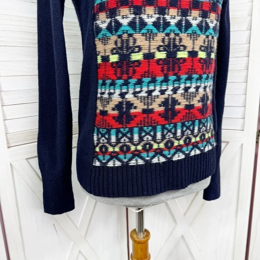 J. Crew Aztec Fair‎ Isle Jacquard Stich Wool Sweater Blue XS Crewneck Pullover